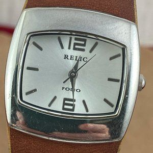 Relic Stainless Steel Watch Brown Leather Strap